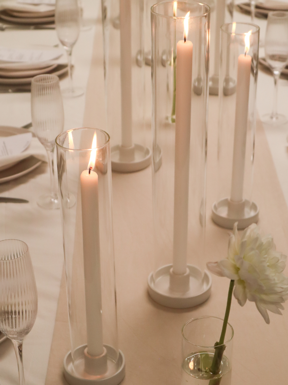 White 35cm Taper Candles with Medium White Amara Ceramic Holders and Sleeves - Set of 12 Pack of 12