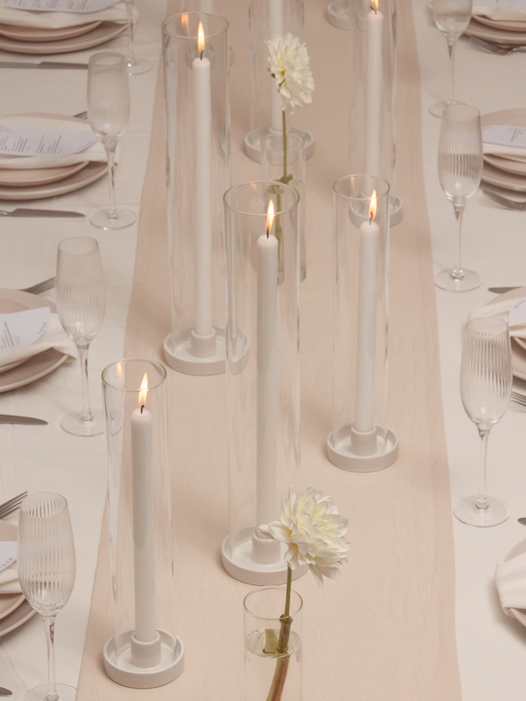 White 35cm Taper Candles with Medium White Amara Ceramic Holders and Sleeves - Set of 12 Pack of 12