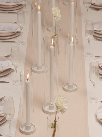White 35cm Taper Candles with Medium White Amara Ceramic Holders and Sleeves - Set of 12 Pack of 12