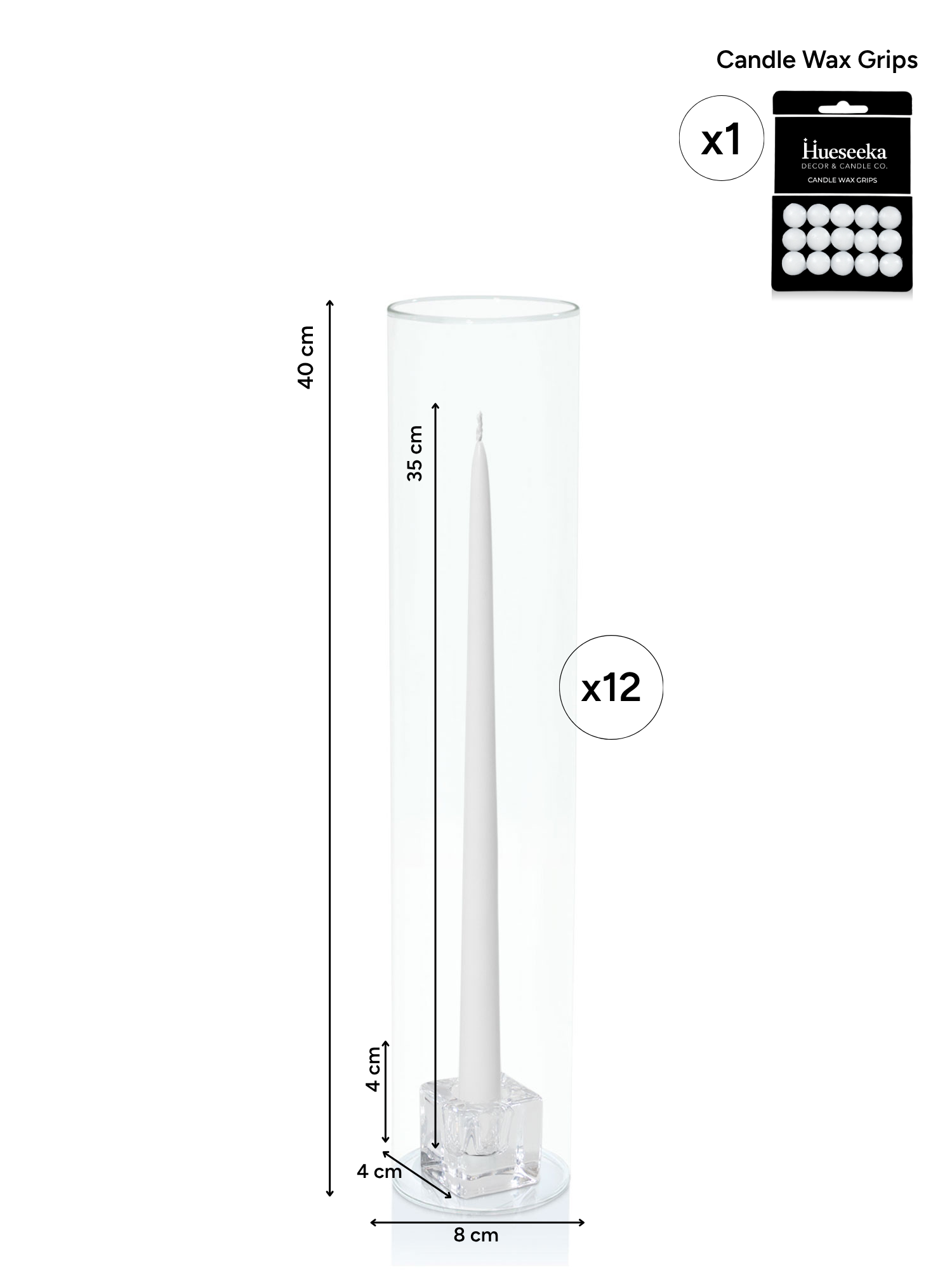 White 35cm Taper Candles with Small Glass Holders and Sleeves - Set of 12 Pack of 12