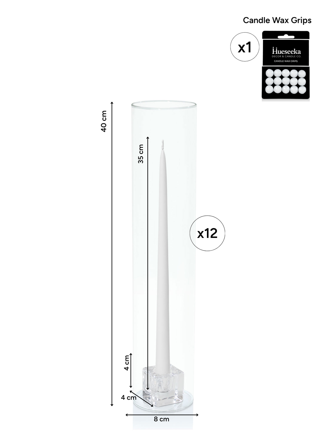 White 35cm Taper Candles with Small Glass Holders and Sleeves - Set of 12 Pack of 12