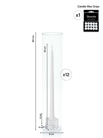 White 35cm Taper Candles with Small Glass Holders and Sleeves - Set of 12 Pack of 12