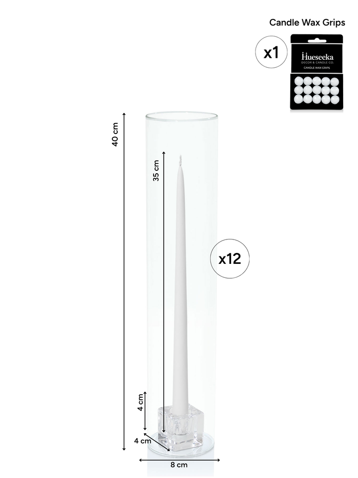 White 35cm Taper Candles with Small Glass Holders and Sleeves - Set of 12 Pack of 12