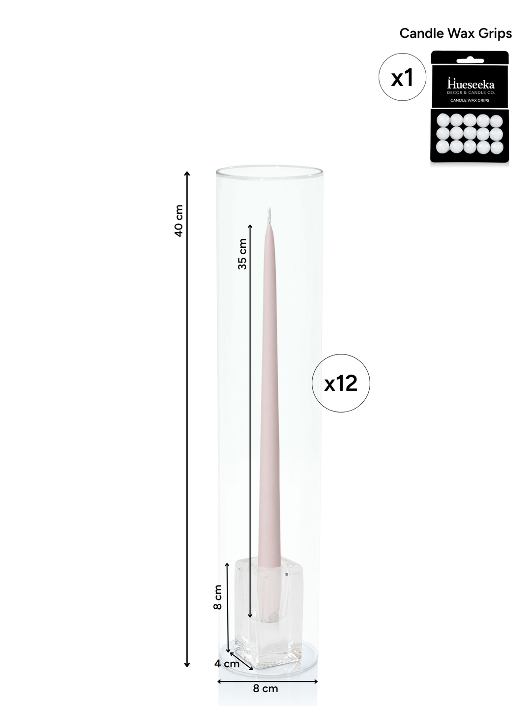 Antique Pink 35cm Taper Candles with Large Glass Holders and Sleeves - Set of 12 Pack of  12