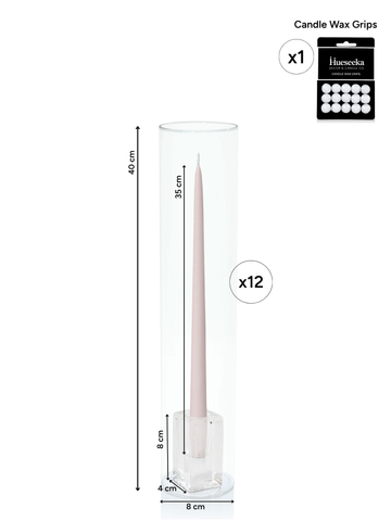 Antique Pink 35cm Taper Candles with Large Glass Holders and Sleeves - Set of 12 Pack of  12