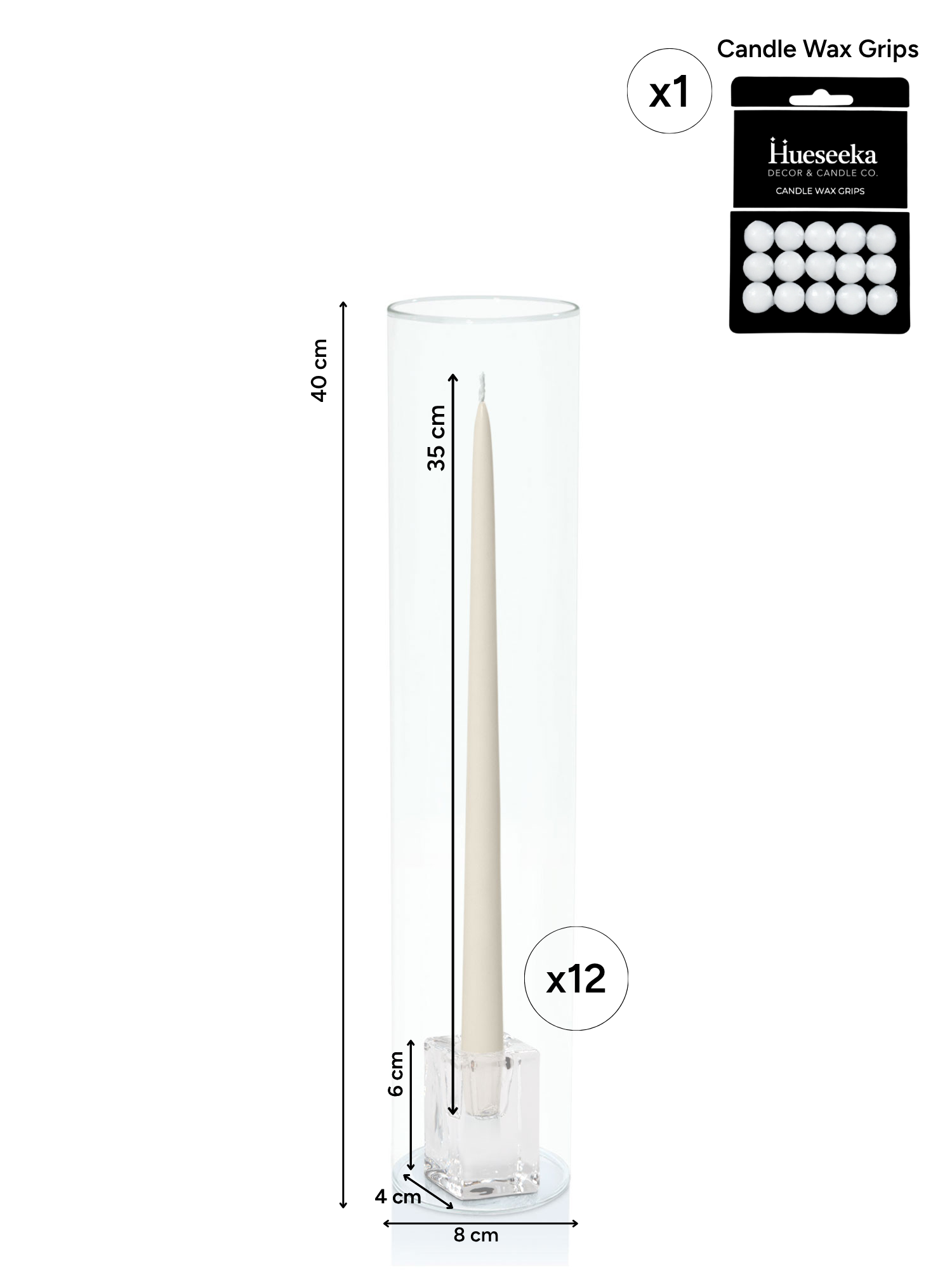 Ivory 35cm Taper Candles with Medium Glass Holders and Sleeves - Set of 12 Pack of  12