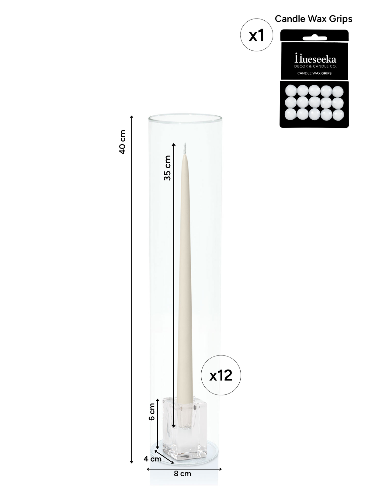 Ivory 35cm Taper Candles with Medium Glass Holders and Sleeves - Set of 12 Pack of  12