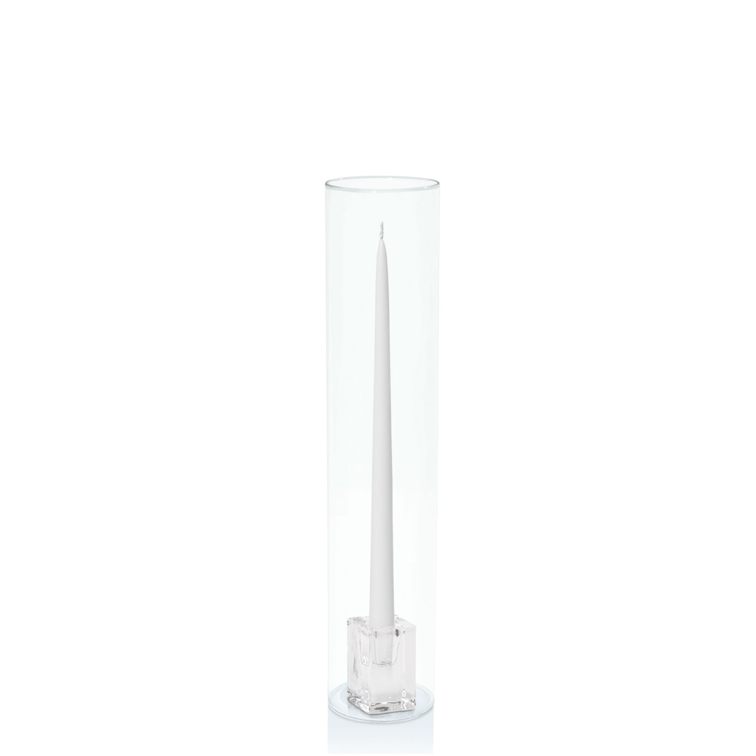 White 35cm Taper Candles with Medium Glass Holders and Sleeves - Set of 12 Pack of 12