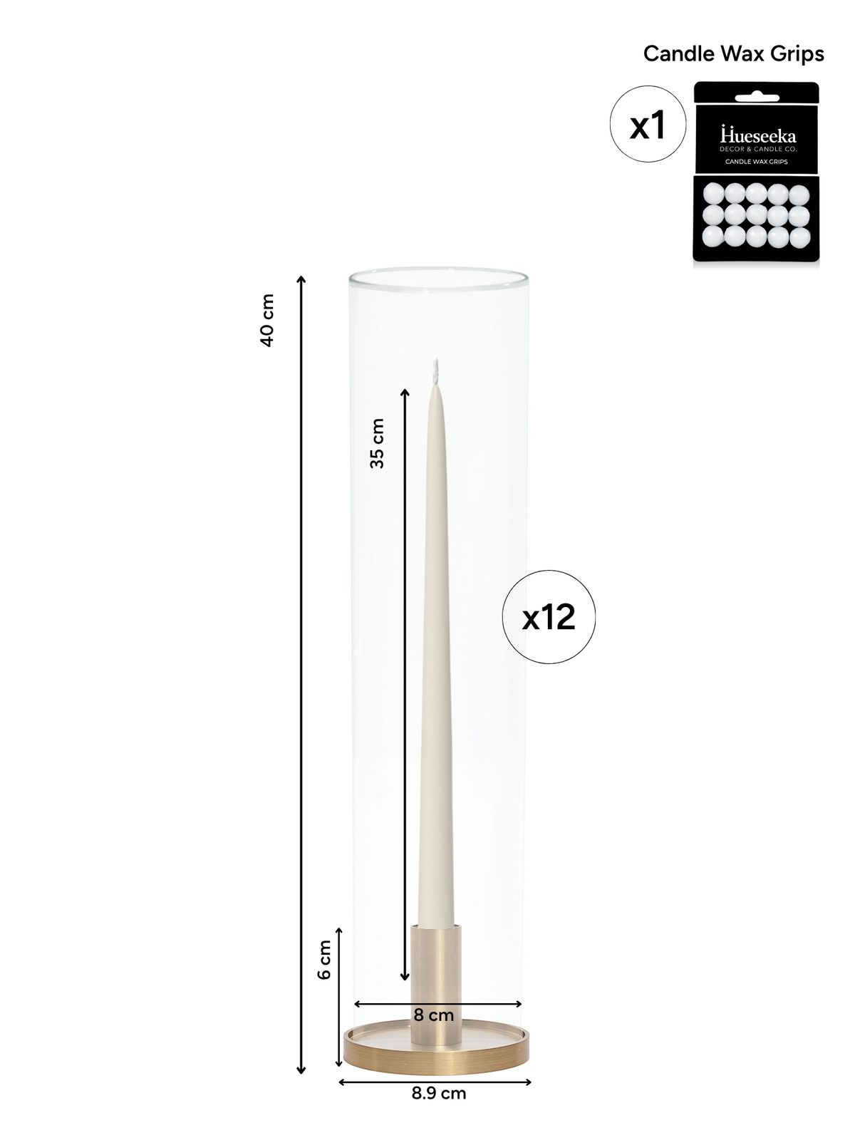 Ivory 35cm Taper Candles with Medium Gold Maya Metal Holders and Glass Sleeves - Set of 12