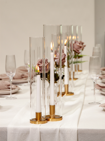 White 35cm Taper Candles with Medium Gold Maya Metal Holders and Sleeves - Set of 12 Pack of 12