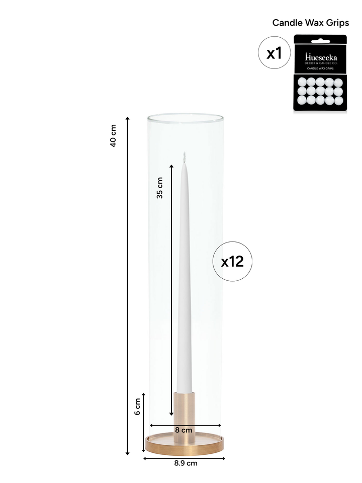 White 35cm Taper Candles with Medium Gold Maya Metal Holders and Sleeves - Set of 12 Pack of 12