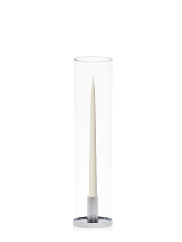 Ivory 35cm Taper Candles with Medium Silver Maya Metal Holders and Glass Sleeves - Set of 12 Pack of 12