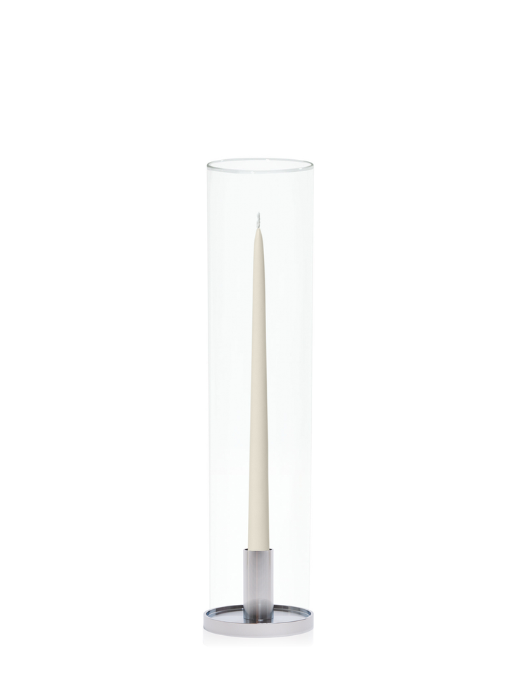 Ivory 35cm Taper Candles with Medium Silver Maya Metal Holders and Glass Sleeves - Set of 12 Pack of 12