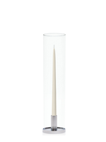 Ivory 35cm Taper Candles with Medium Silver Maya Metal Holders and Glass Sleeves - Set of 12