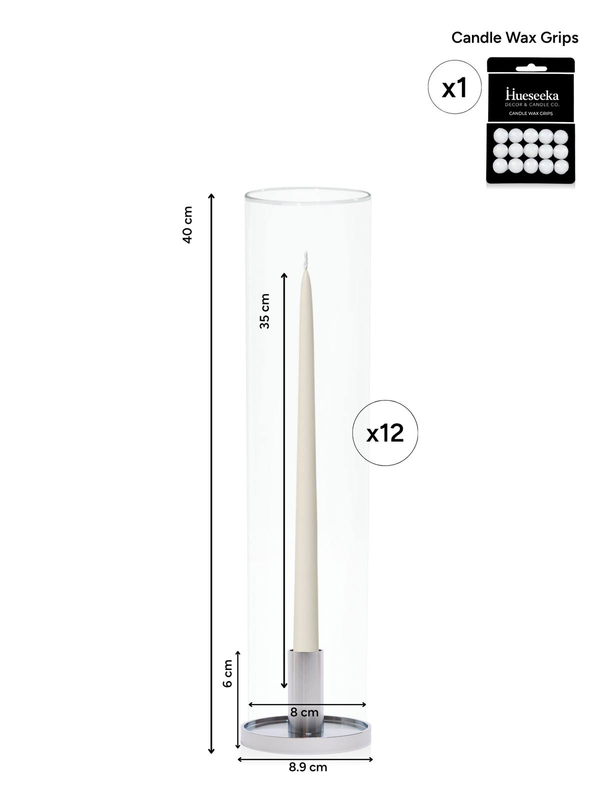 Ivory 35cm Taper Candles with Medium Silver Maya Metal Holders and Glass Sleeves - Set of 12