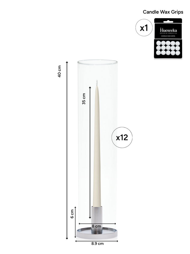 Ivory 35cm Taper Candles with Medium Silver Maya Metal Holders and Glass Sleeves - Set of 12 Pack of 12