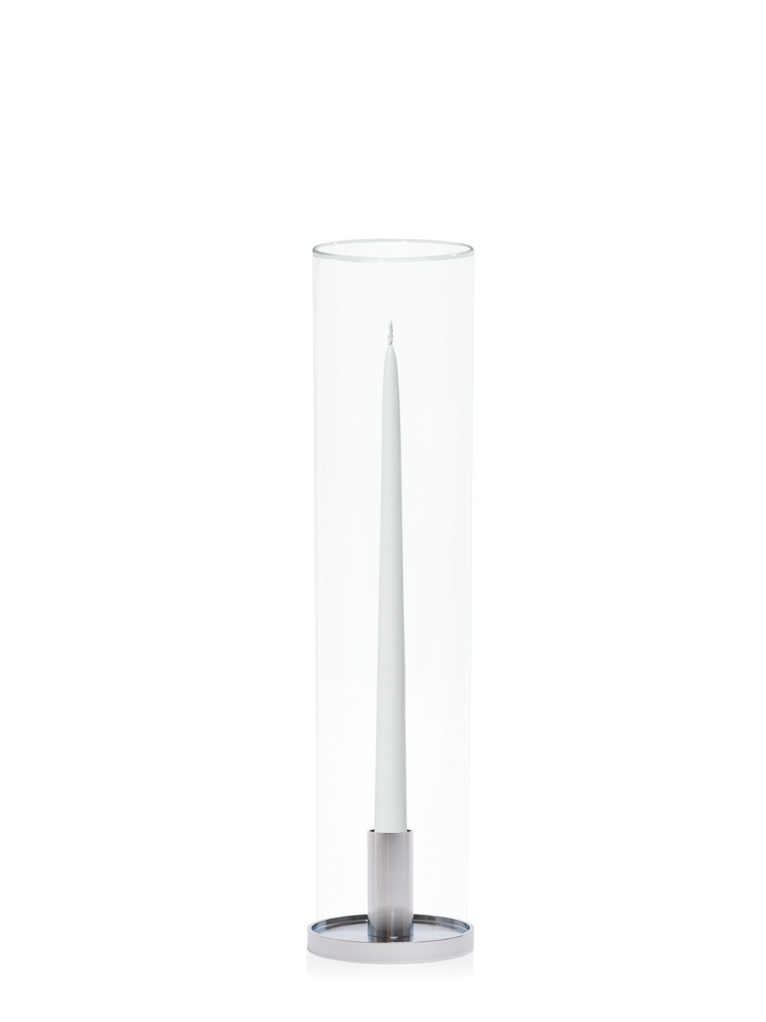 White 35cm Taper Candles with Medium Silver Maya Metal Holders and Glass Sleeves - Set of 12 Pack of 12