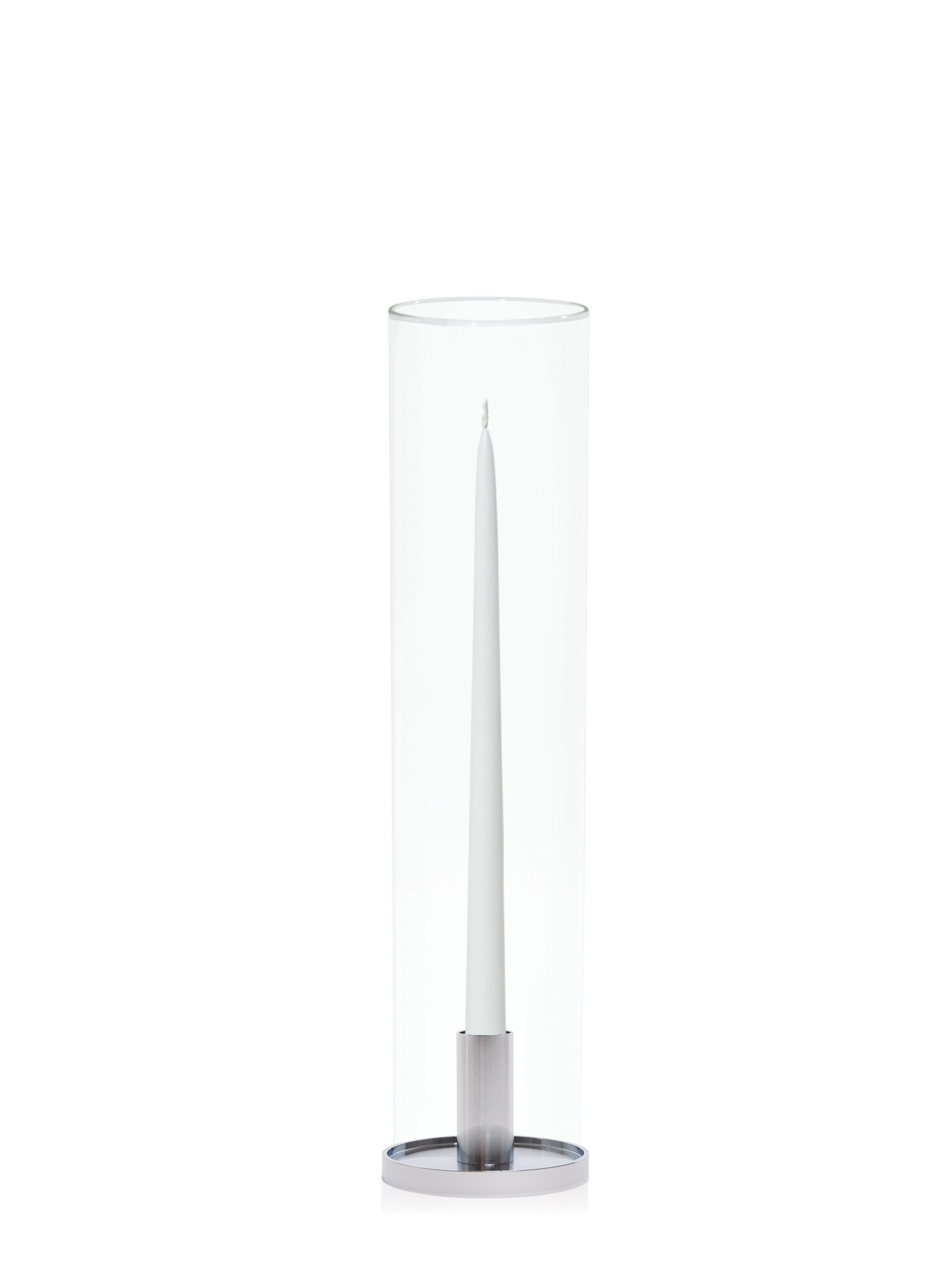 White 35cm Taper Candles with Medium Silver Maya Metal Holders and Glass Sleeves - Set of 12 Pack of 12