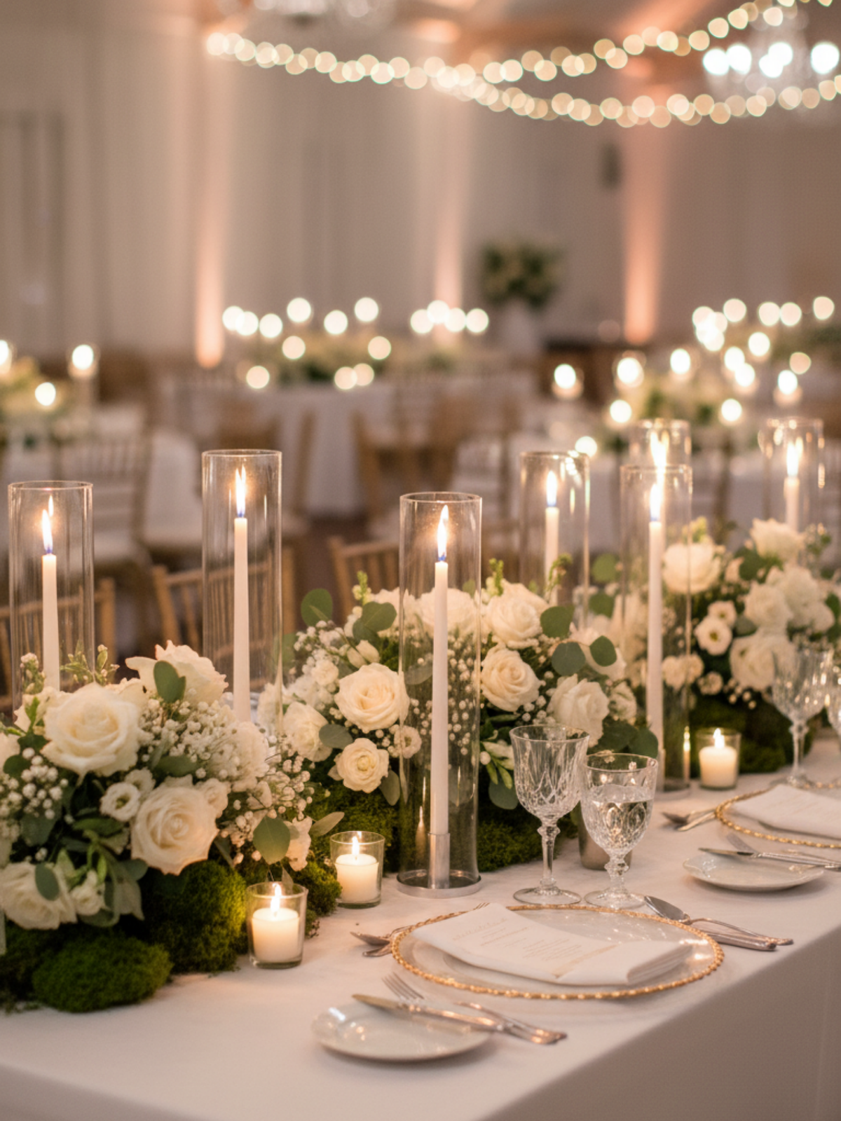 White 35cm Taper Candles with Medium Silver Maya Metal Holders and Glass Sleeves - Set of 12