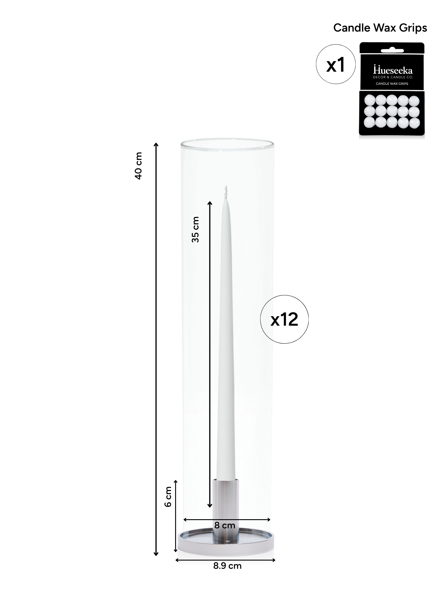 White 35cm Taper Candles with Medium Silver Maya Metal Holders and Glass Sleeves - Set of 12 Pack of 12