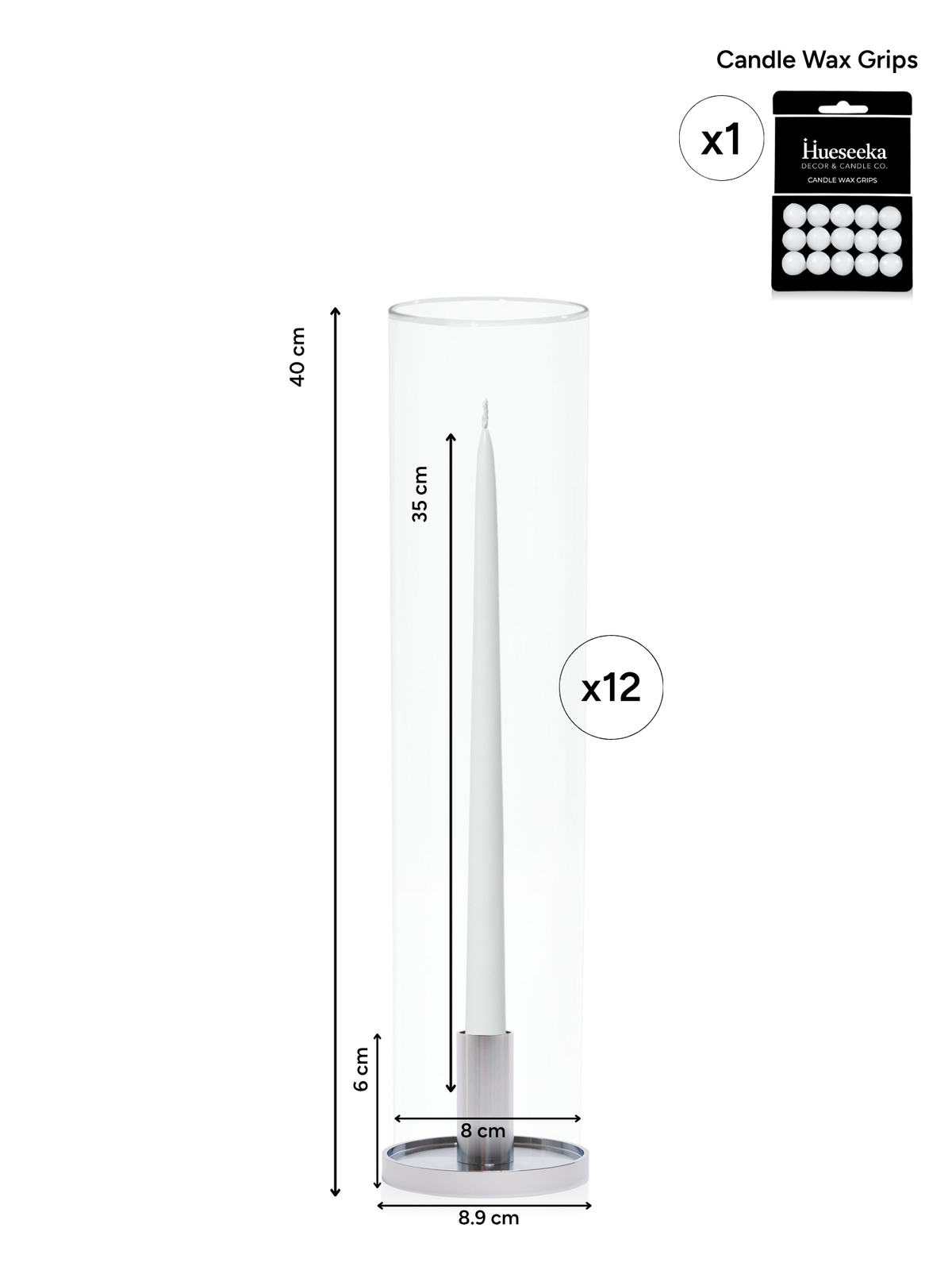 White 35cm Taper Candles with Medium Silver Maya Metal Holders and Glass Sleeves - Set of 12 Pack of 12