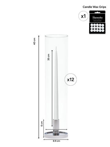White 35cm Taper Candles with Medium Silver Maya Metal Holders and Glass Sleeves - Set of 12 Pack of 12