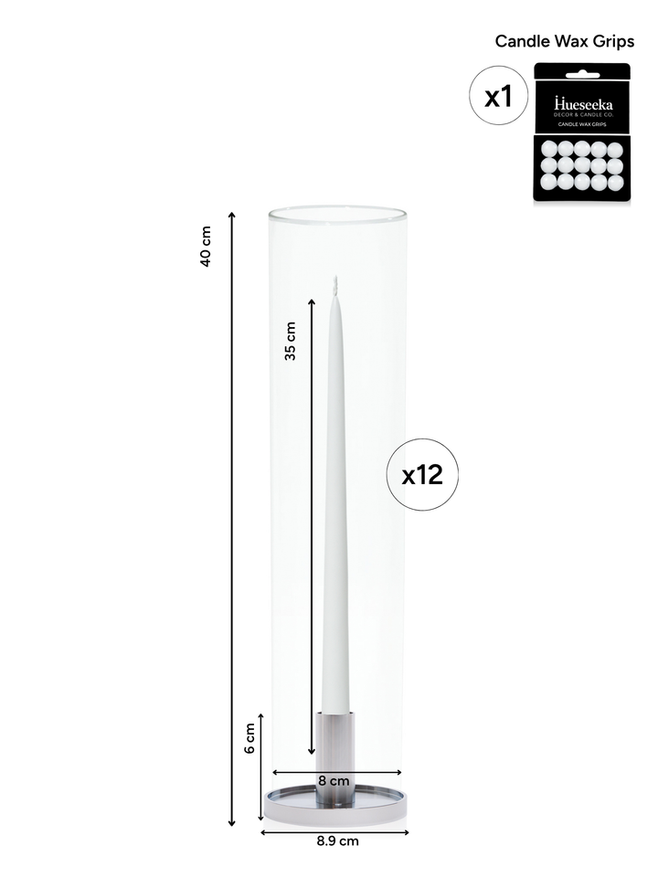 White 35cm Taper Candles with Medium Silver Maya Metal Holders and Glass Sleeves - Set of 12 Pack of 12