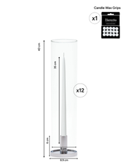 White 35cm Taper Candles with Medium Silver Maya Metal Holders and Glass Sleeves - Set of 12 Pack of 12