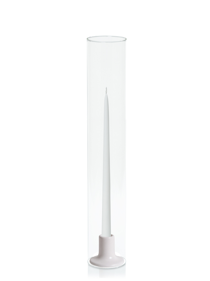 White 35cm Taper Candles with Mona Ceramic Holder and Glass Sleeves - Set of 12 Pack of 12