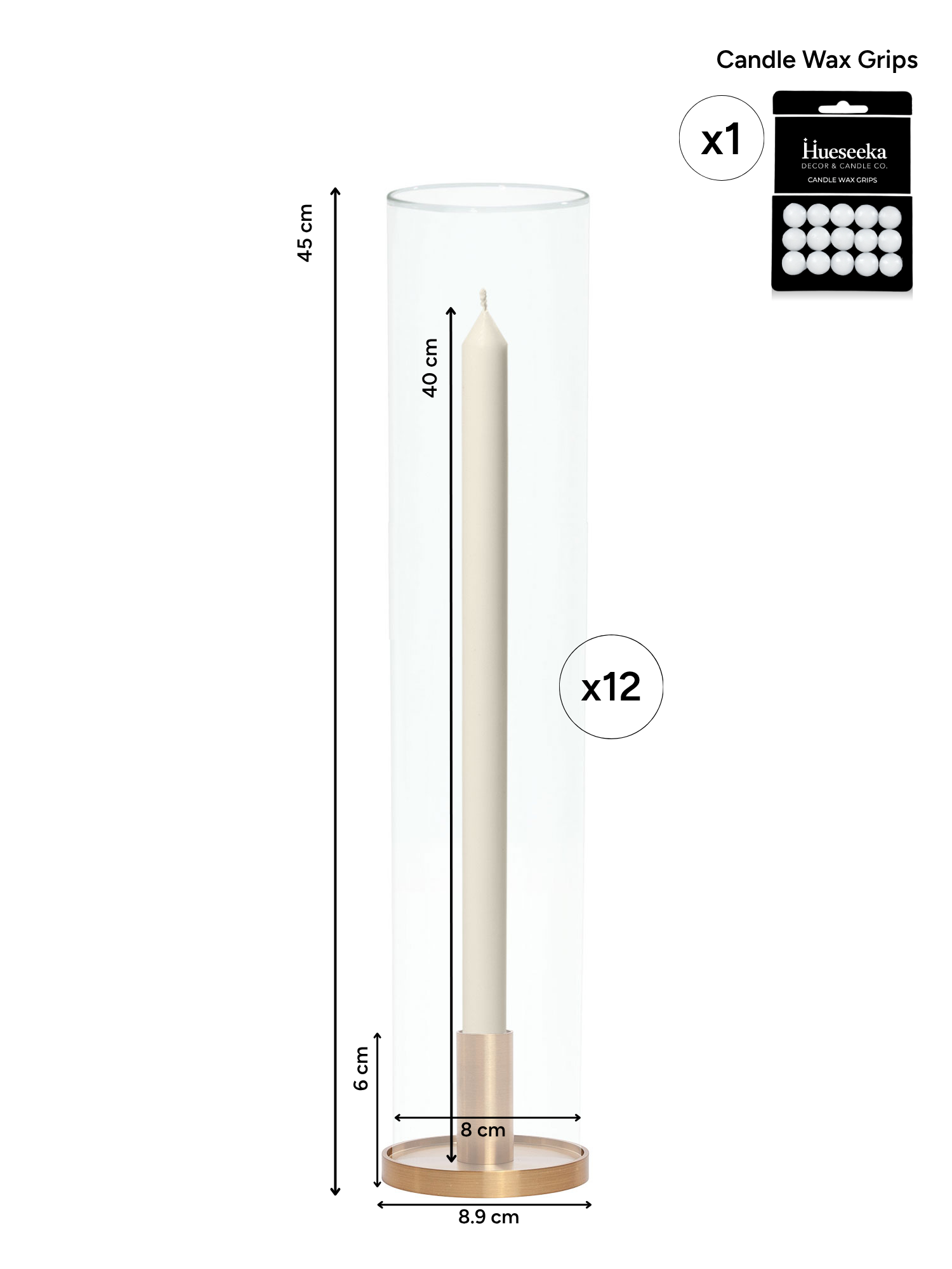 Ivory 40cm Dinner Candles with Medium Gold Maya Metal Holders and Glass Sleeves - Set of 12 Pack of 12