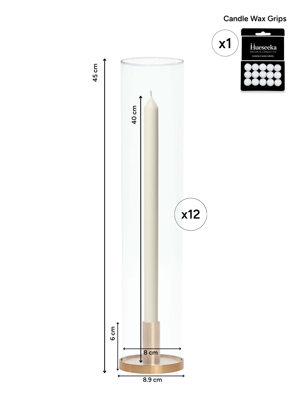 Ivory 40cm Dinner Candles with Medium Gold Maya Metal Holders and Glass Sleeves - Set of 12 Pack of 12