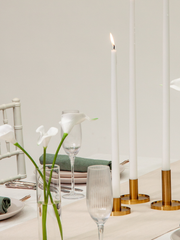 White 40cm Dinner Candles with Medium Gold Maya Metal Holders and Sleeves - Set of 12 Pack of 12