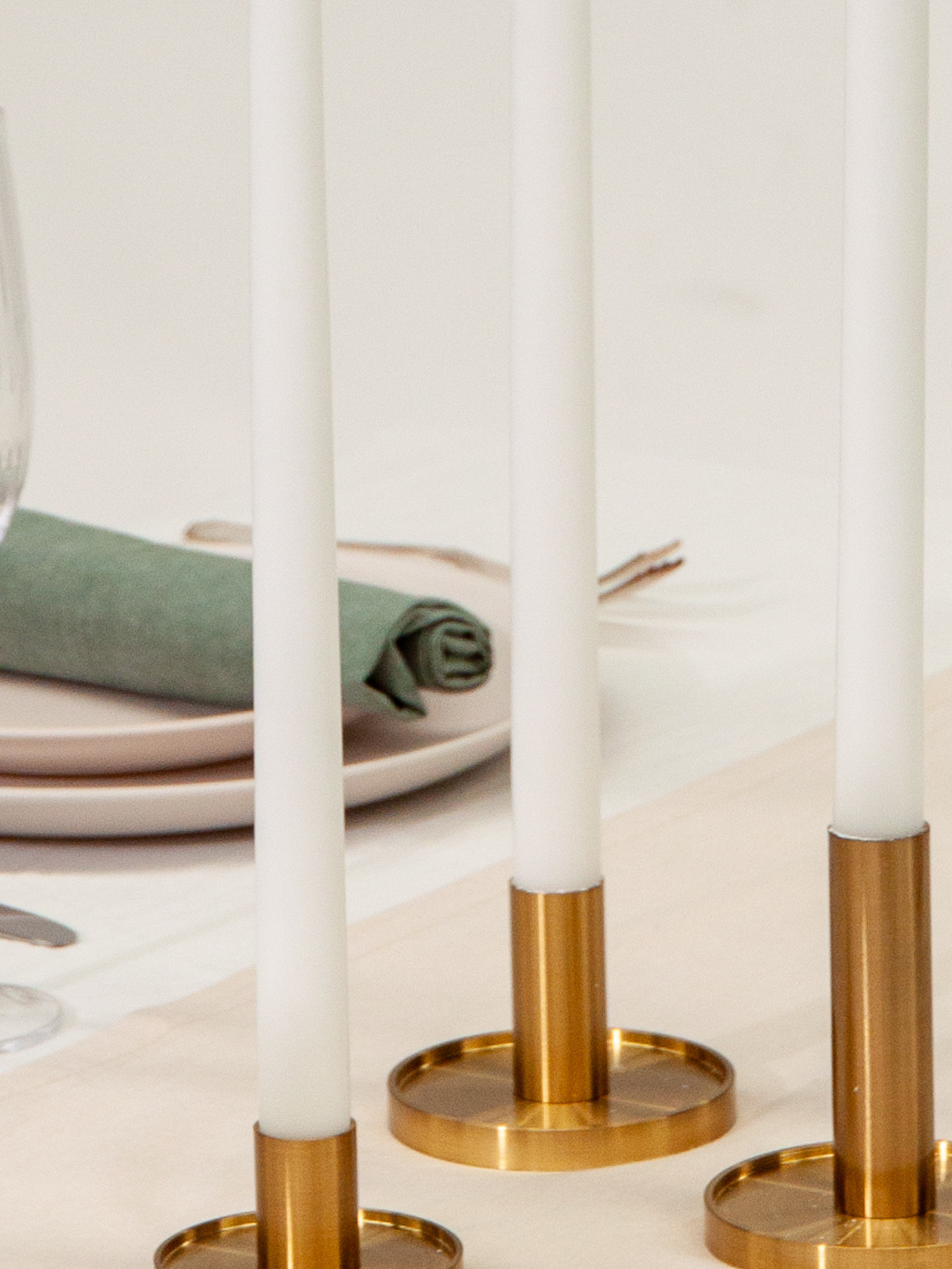 White 40cm Dinner Candles with Medium Gold Maya Metal Holders and Sleeves - Set of 12 Pack of 12