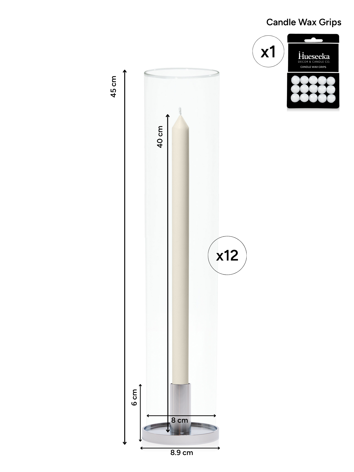 Ivory 40cm Dinner Candles with Medium Silver Maya Metal Holders and Glass Sleeves - Set of 12 Pack of 12