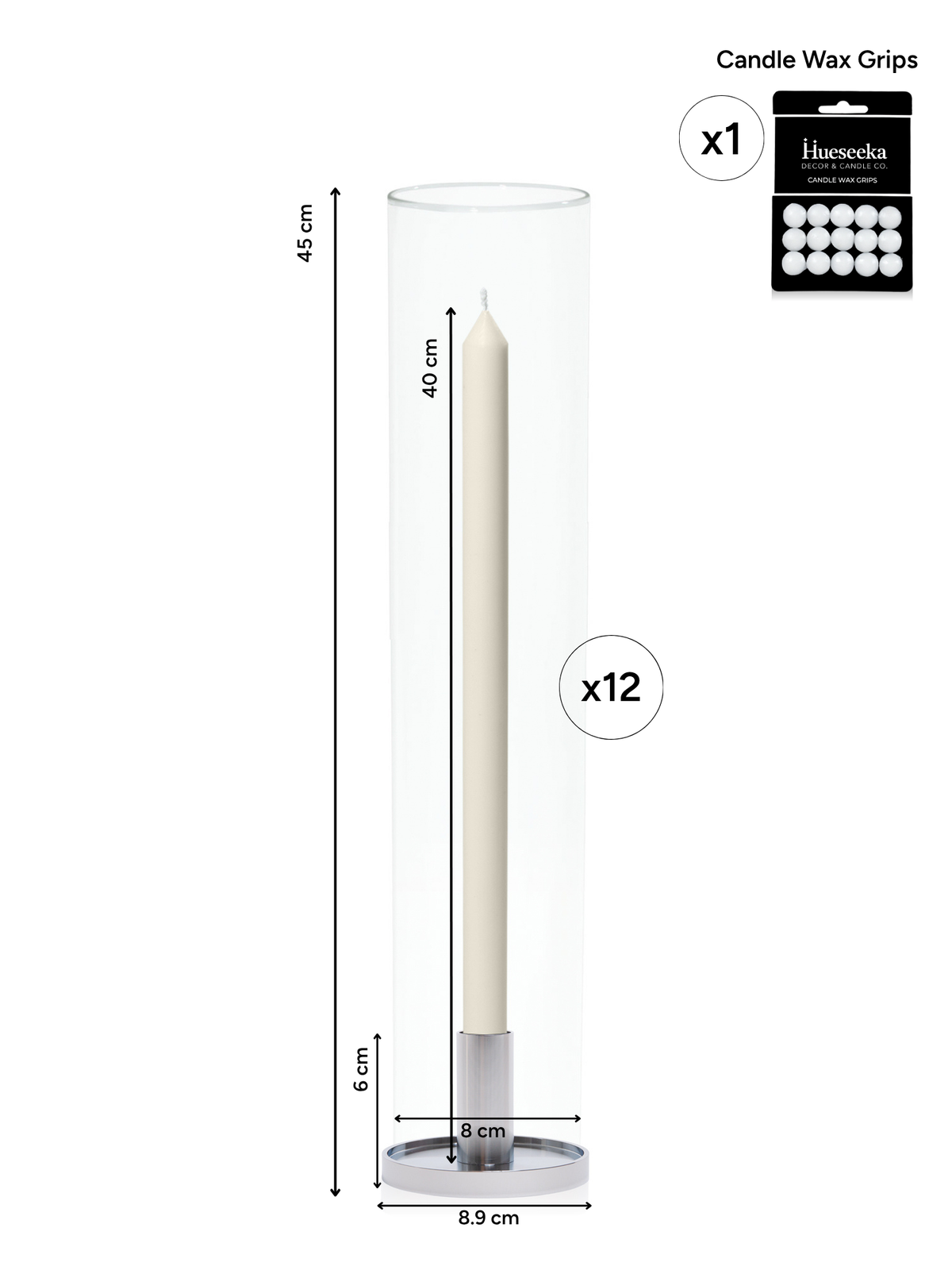 Ivory 40cm Dinner Candles with Medium Silver Maya Metal Holders and Glass Sleeves - Set of 12