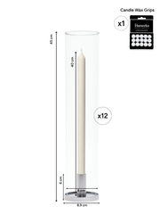 Ivory 40cm Dinner Candles with Medium Silver Maya Metal Holders and Glass Sleeves - Set of 12 Pack of 12