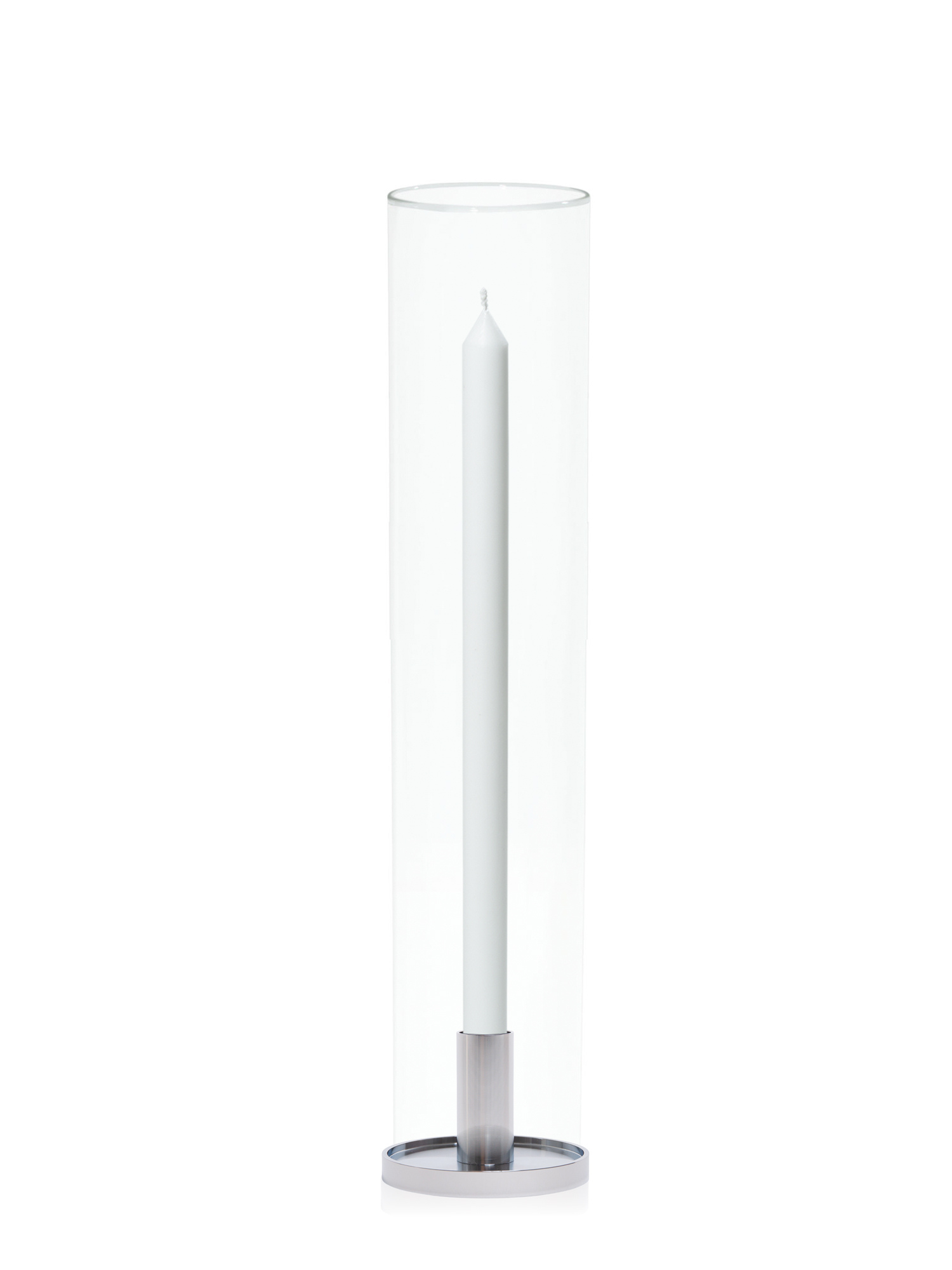 White 40cm Dinner Candles with Medium Silver Maya Metal Holders and Glass Sleeves - Set of 12 Pack of 12