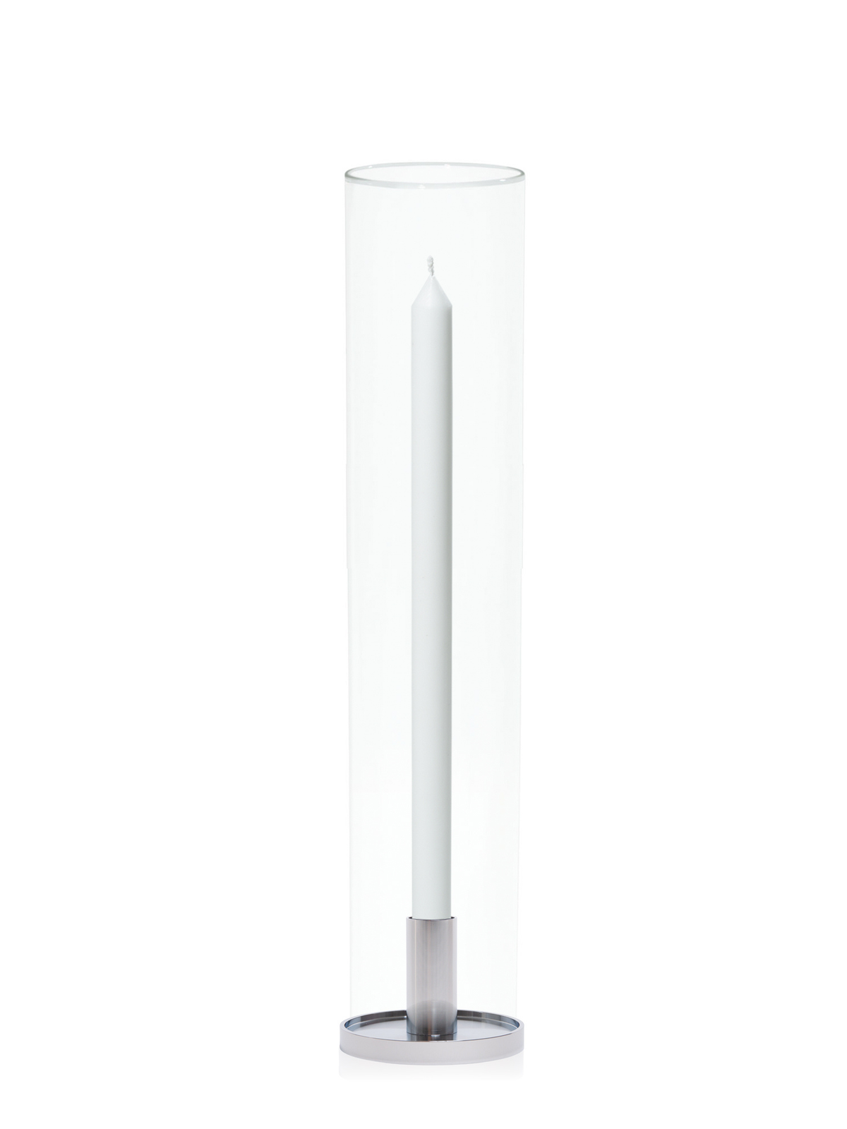 White 40cm Dinner Candles with Medium Silver Maya Metal Holders and Glass Sleeves - Set of 12 Pack of 12