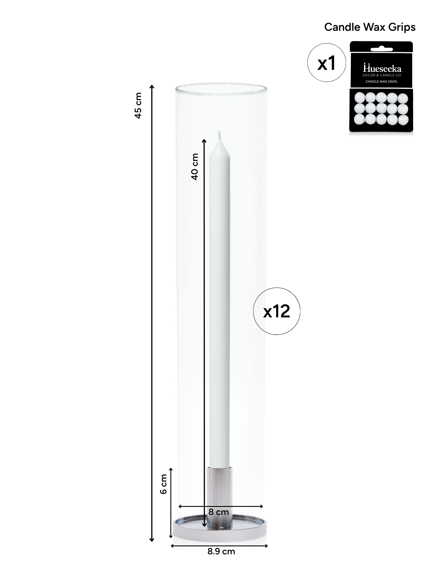 White 40cm Dinner Candles with Medium Silver Maya Metal Holders and Glass Sleeves - Set of 12 Pack of 12