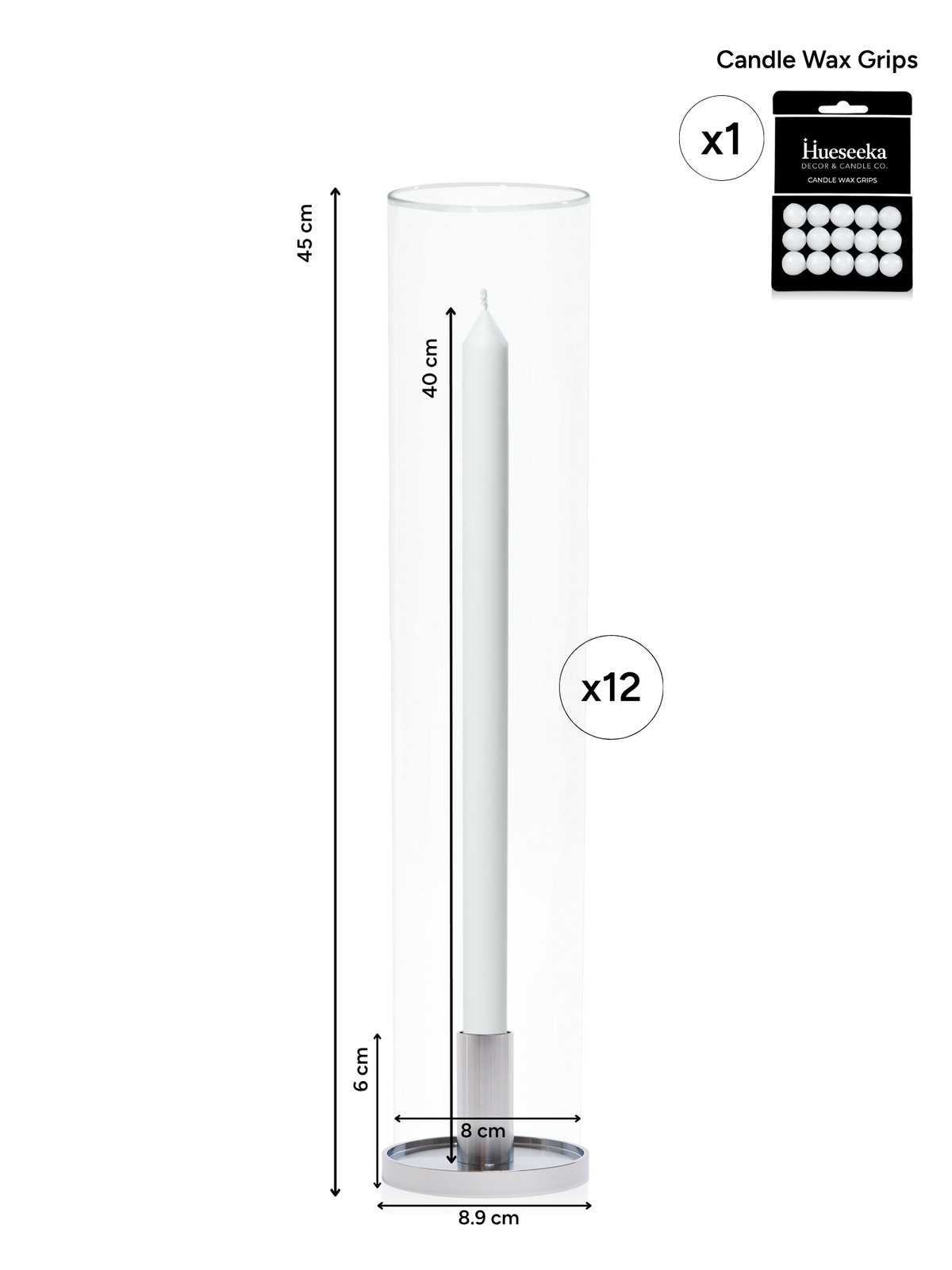 White 40cm Dinner Candles with Medium Silver Maya Metal Holders and Glass Sleeves - Set of 12 Pack of 12