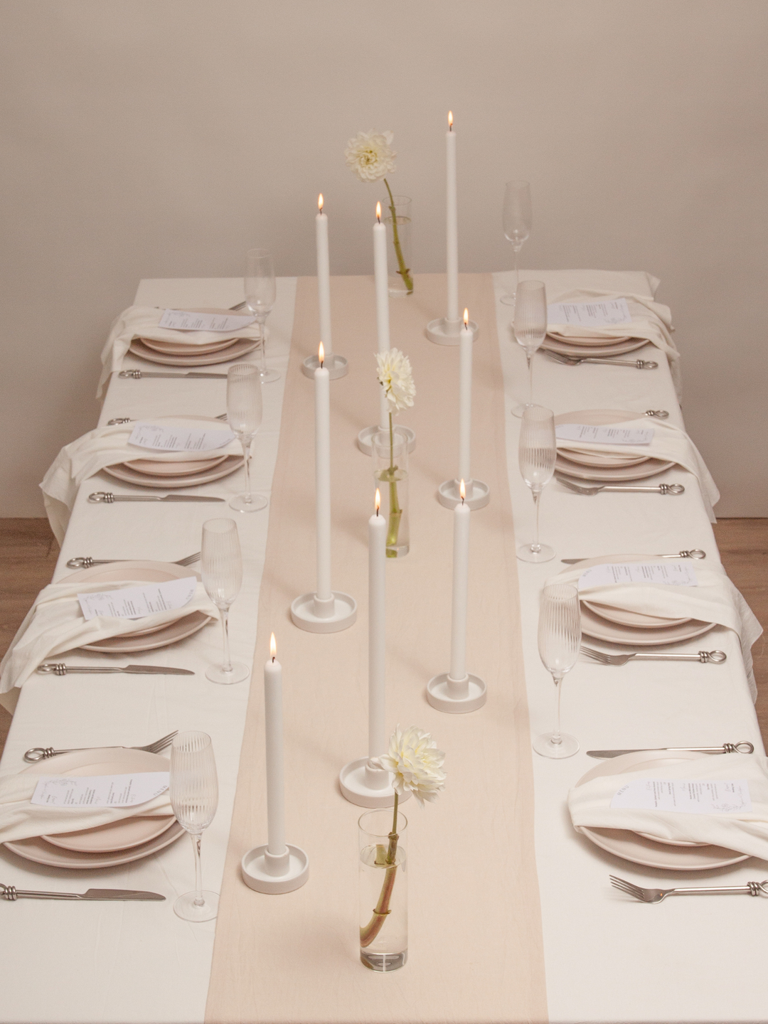 White 45cm Taper Candles with Medium White Amara Ceramic Holders and Sleeves - Set of 6