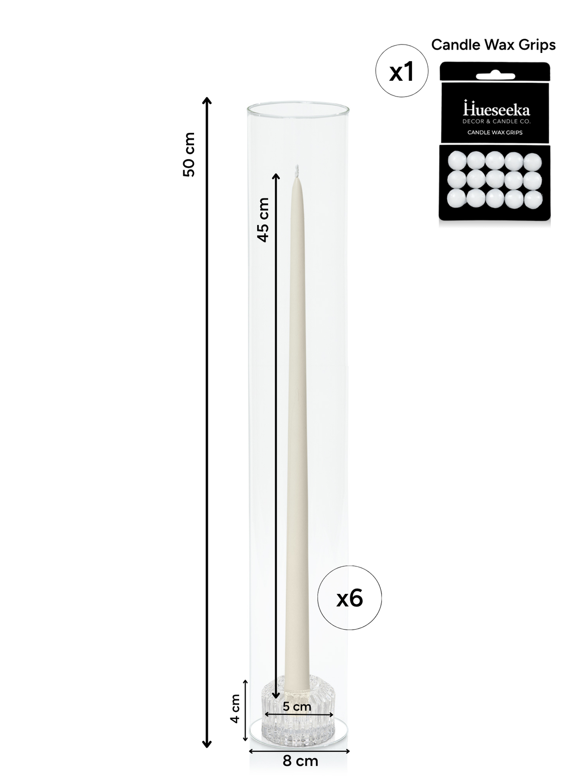 Ivory 45cm Taper Candles with Bella Vintage Glass Holders and Glass Sleeves - Set of 6