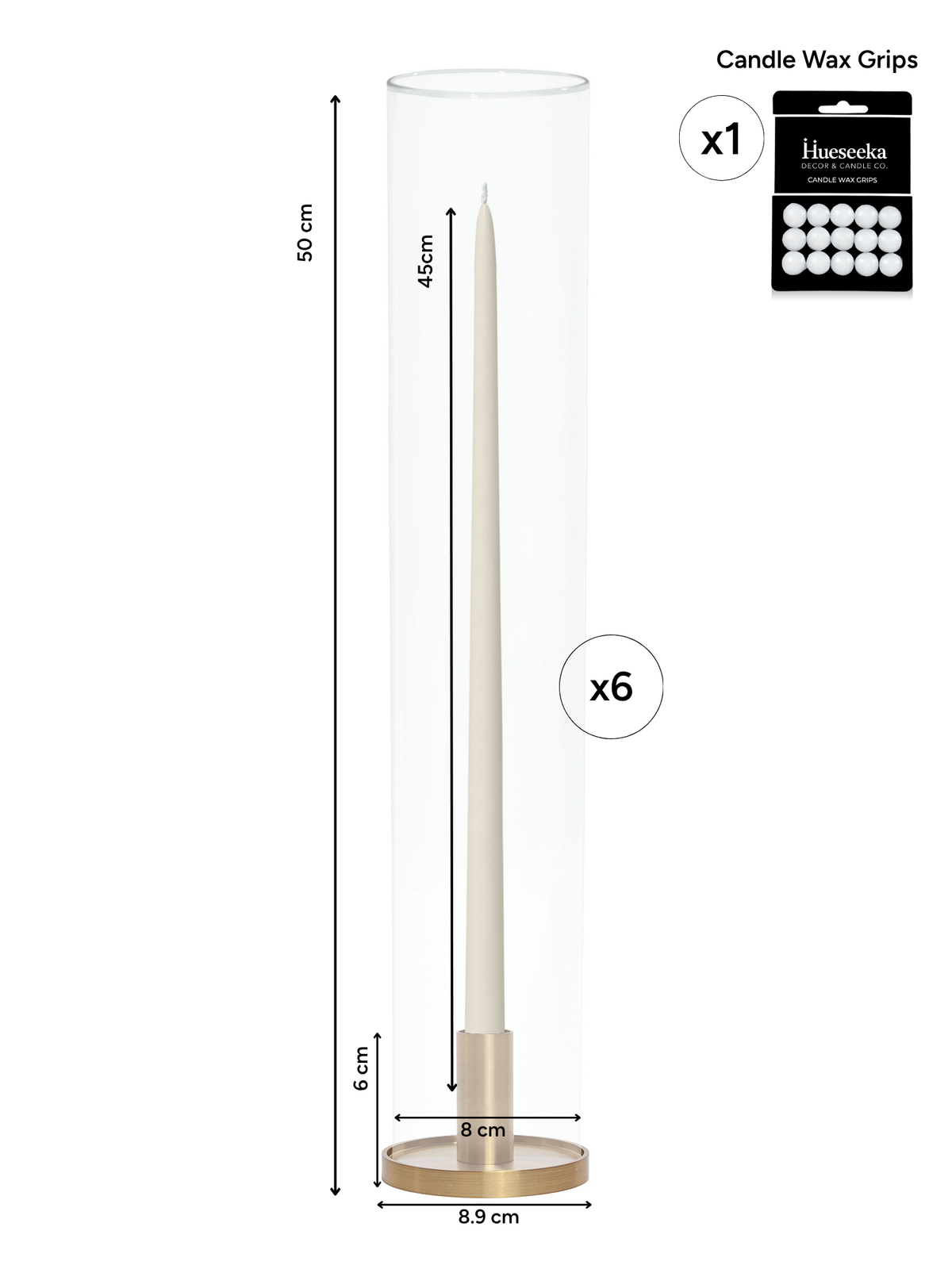 Ivory 45cm Taper Candles with Medium Gold Maya Metal Holders and Glass Sleeves - Set of 6