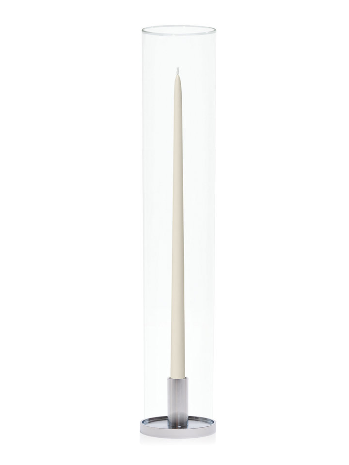 Ivory 45cm Taper Candles with Medium Silver Maya Metal Holders and Glass Sleeves - Set of 6 Pack of 6