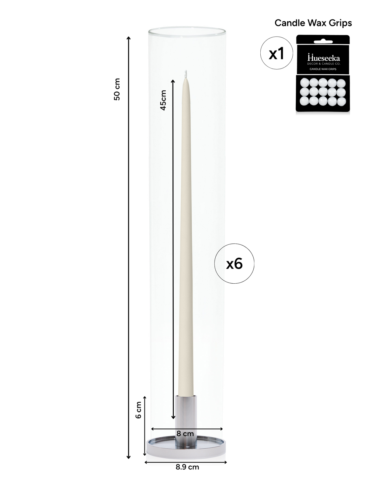 Ivory 45cm Taper Candles with Medium Silver Maya Metal Holders and Glass Sleeves - Set of 6