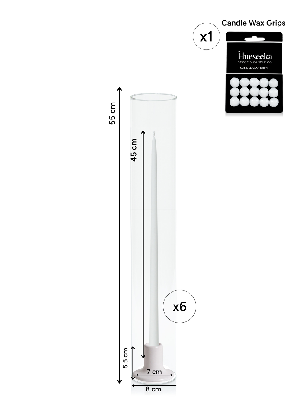 White 45cm Taper Candles with Mona Ceramic Holder and Glass Sleeves - Set of 6 Pack of 6