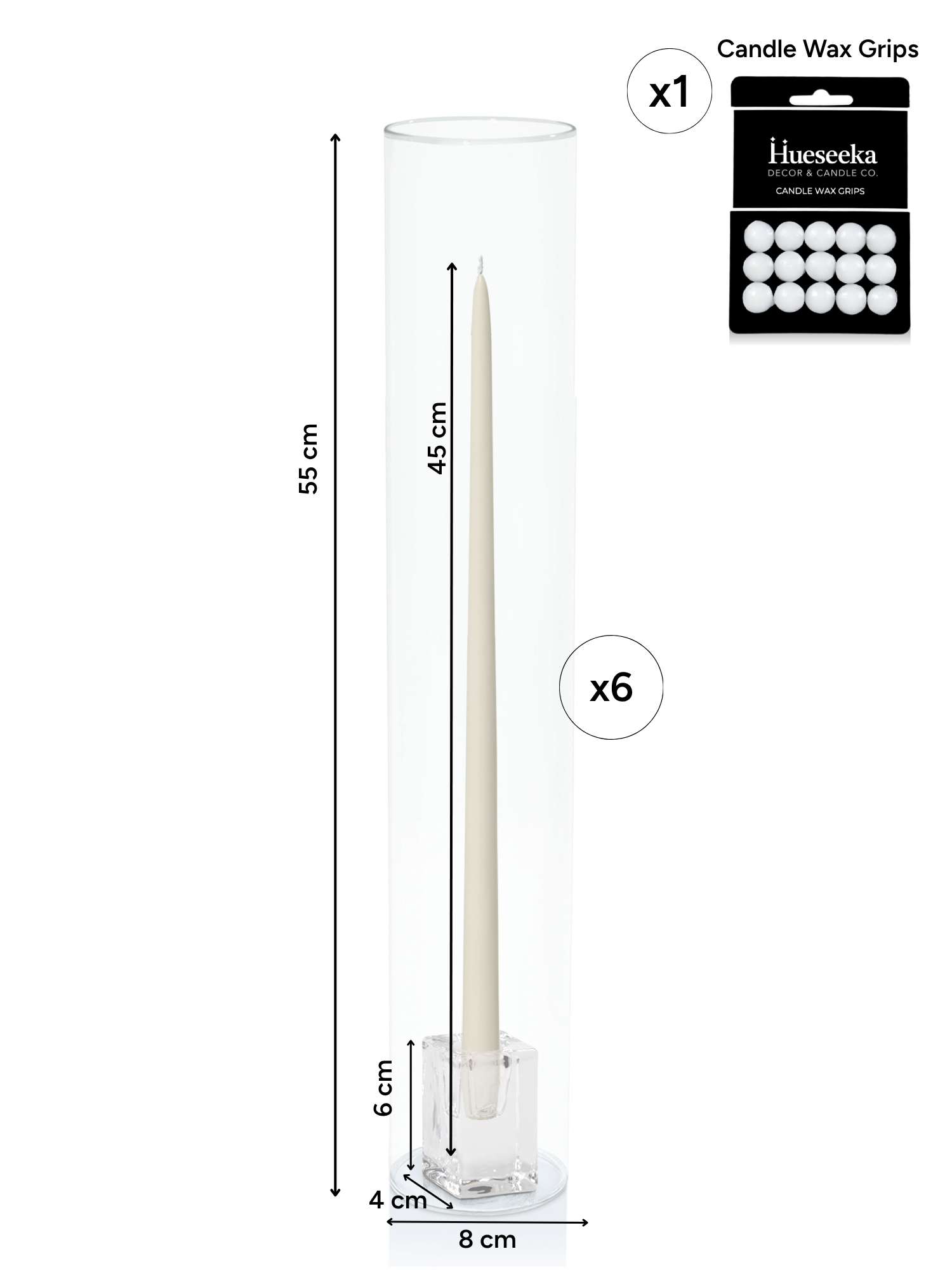 Ivory 45cm Taper Candles with Glass Cube Holders and Glass Sleeves - Set of 6 Pack of 6