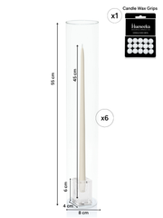 Ivory 45cm Taper Candles with Glass Cube Holders and Glass Sleeves - Set of 6 Pack of 6