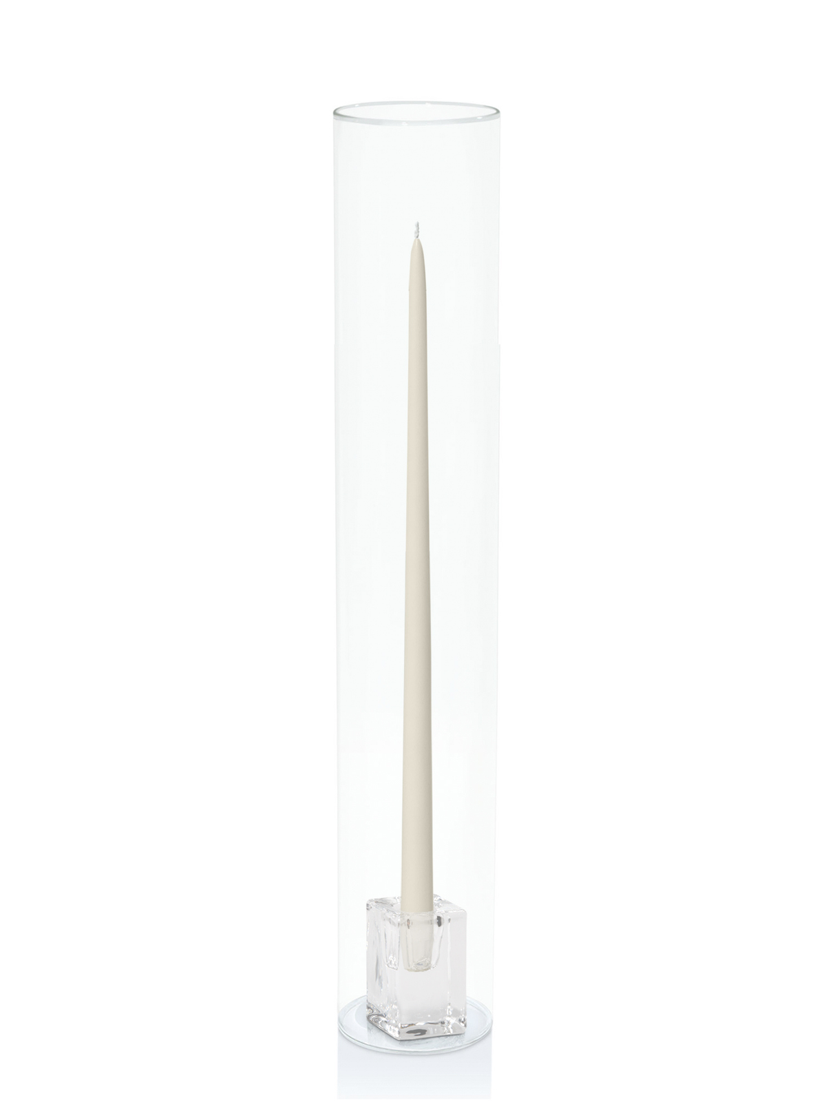 Ivory 45cm Taper Candles with Glass Cube Holders and Glass Sleeves - Set of 6