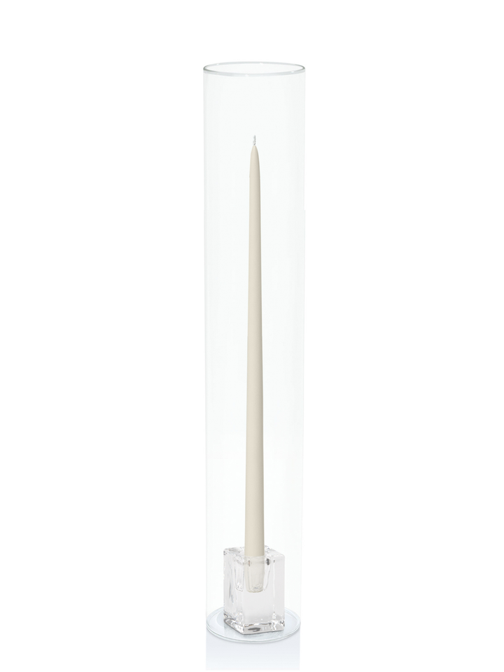 Ivory 45cm Taper Candles with Glass Cube Holders and Glass Sleeves - Set of 6